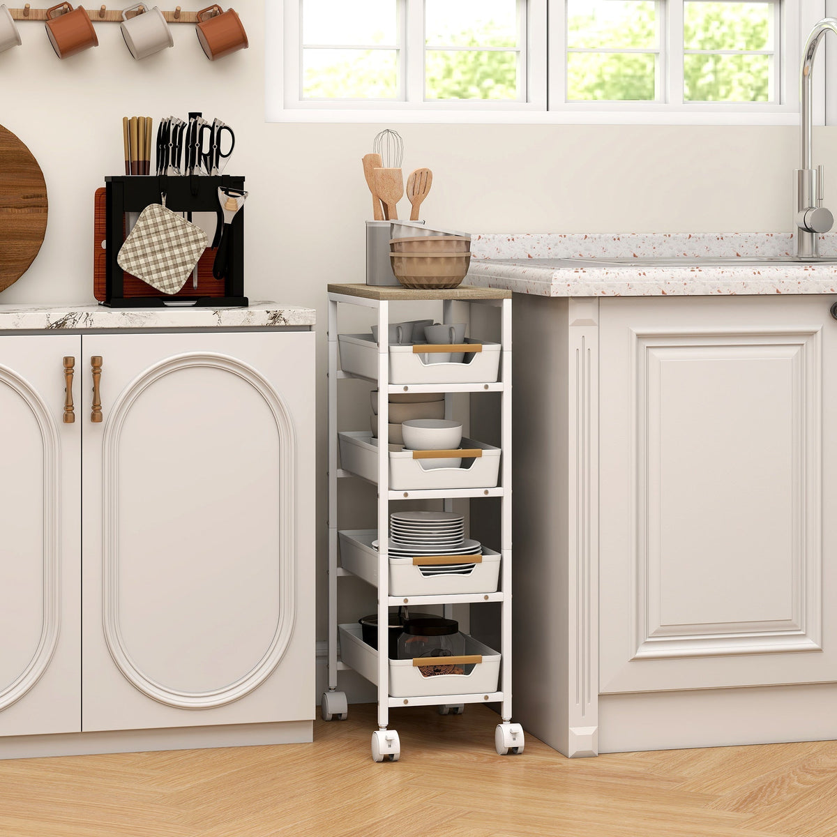 The kitchen storage trolley is shown in a kitchen setting next to a counter
