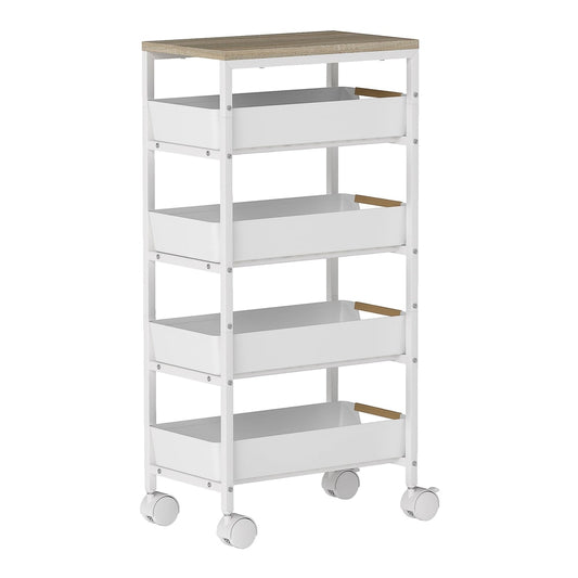 HOMCOM 5-Tier Storage Trolley on Wheels in white with a wooden top and four wheels