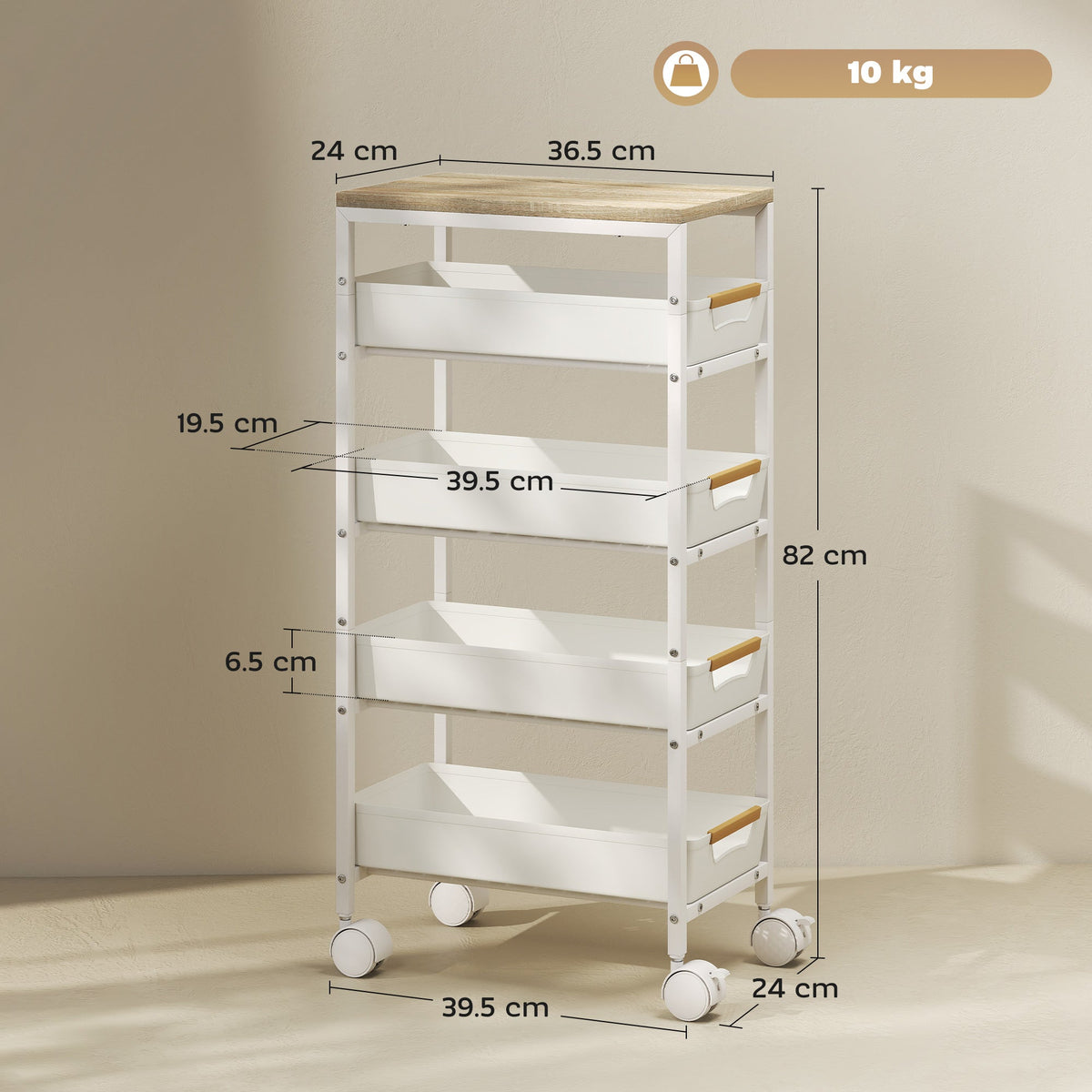 Dimensions of the white five-tier storage trolley with wooden top
