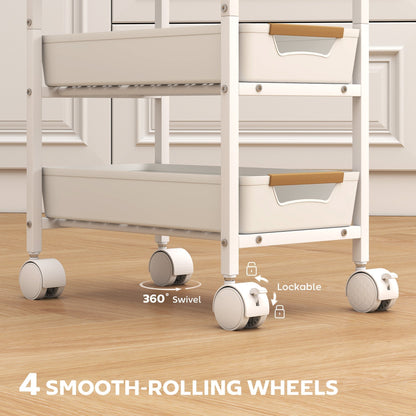 The lockable wheels of the white storage trolley on wheels