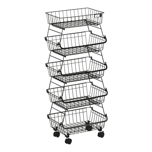 HOMCOM 5 Tier Storage Trolley, a black metal wire shelving unit with five stackable baskets and wheels