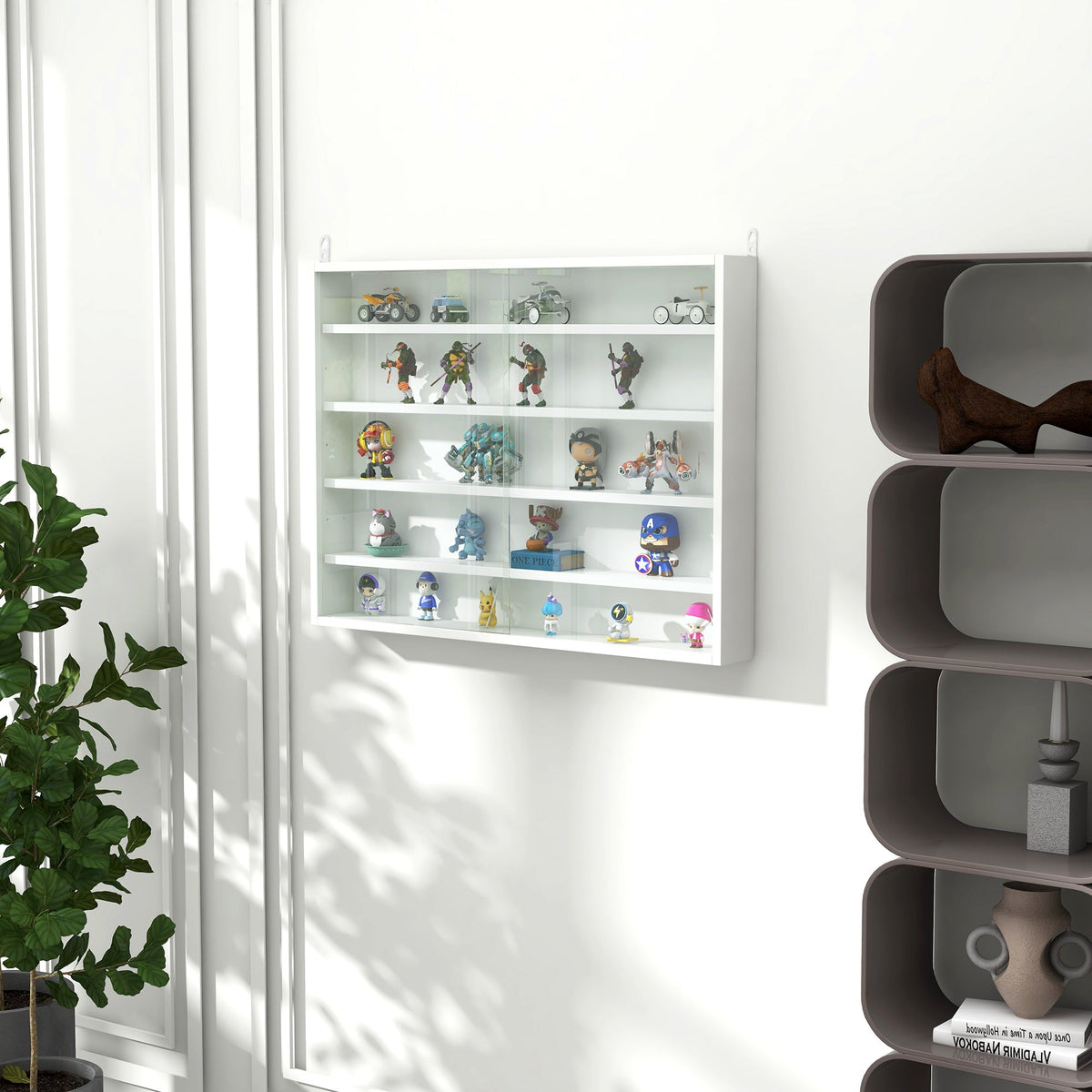 Wall display shelf unit filled with small collectible figures