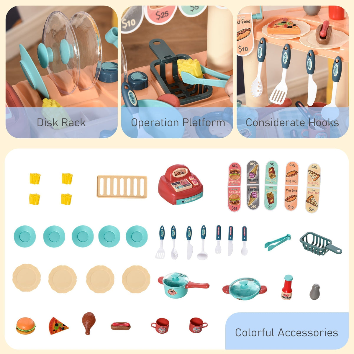 All the colourful accessories included with the kids kitchen play set