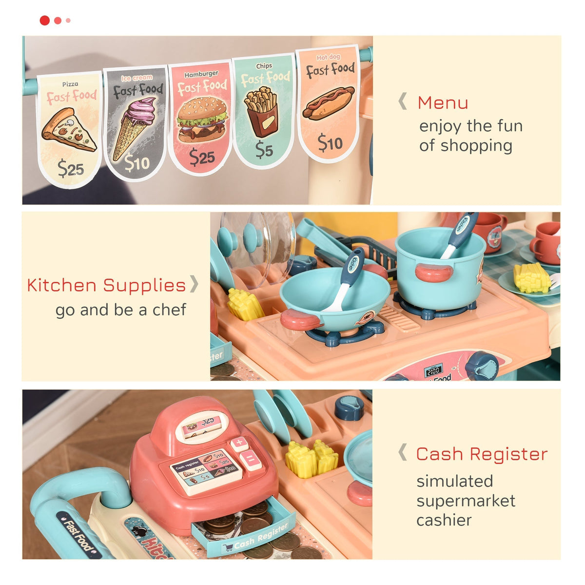 Close up of the kids kitchen play set showing food and cashier