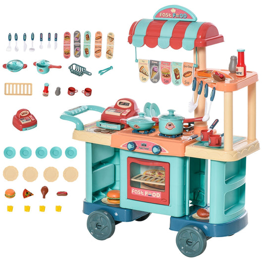 HOMCOM 50 Pcs Kids Kitchen Play set showing the full trolley with accessories laid out