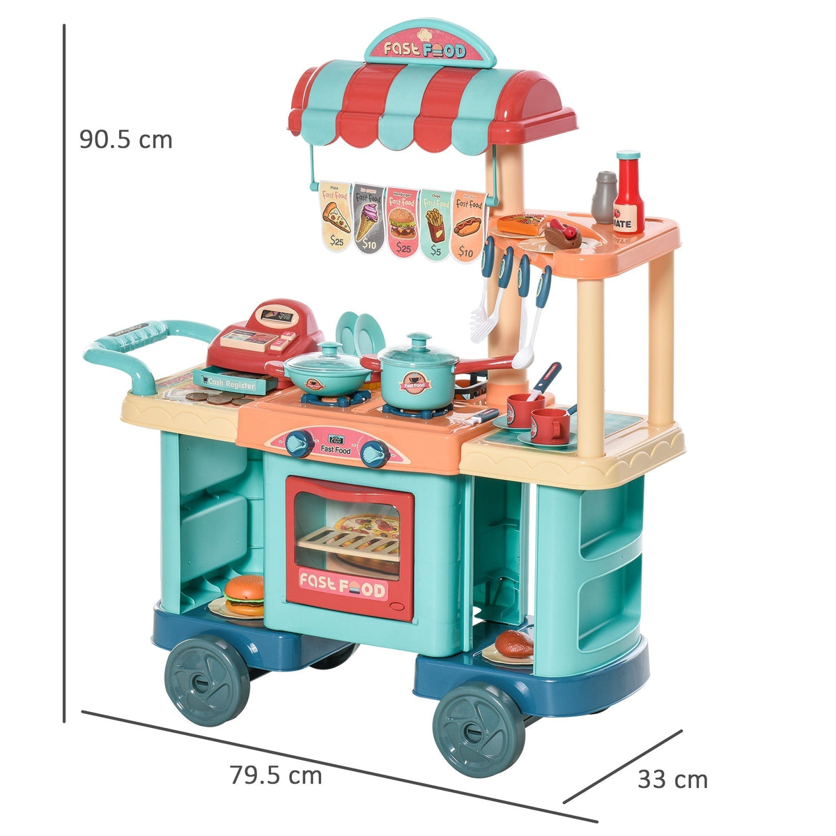 Kids kitchen play set with dimensions indicated