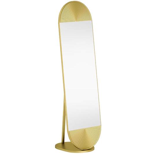 HOMCOM Wavy Full Length Mirror with a gold tone frame and a solid oval base on a white background