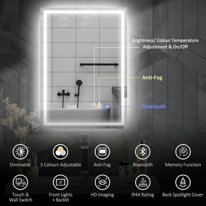 Features of the bathroom mirror including dimmable, colour temperature, anti-fog, Bluetooth and clock