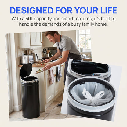 The black automatic sensor bin with the lid open and a bag fitted inside