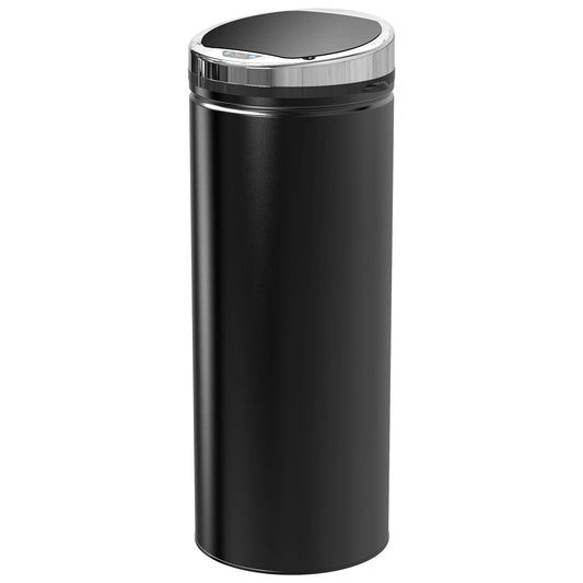 HOMCOM 50L Automatic Motion Sensor Rubbish Bin, a tall black bin with a silver lid and motion sensor