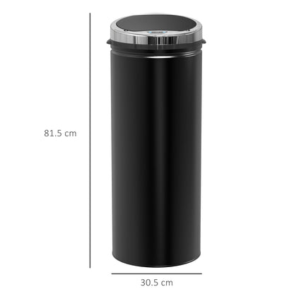 A black automatic sensor bin with dimensions indicated for height and width