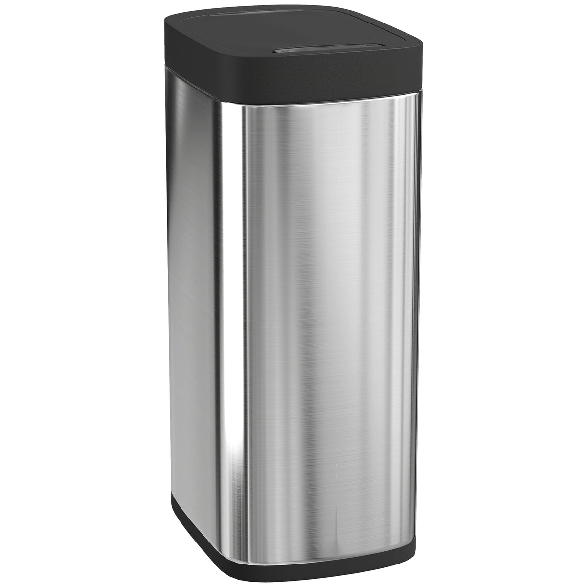 HOMCOM 50L Sensor Bin with a sleek stainless steel body and a black lid standing on a white floor