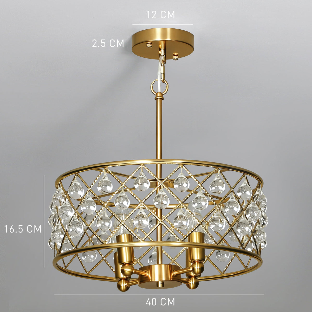 The gold-tone four-bulb chandelier shown against a plain background with white dimension lines