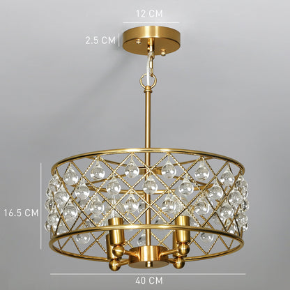 The gold-tone four-bulb chandelier shown against a plain background with white dimension lines