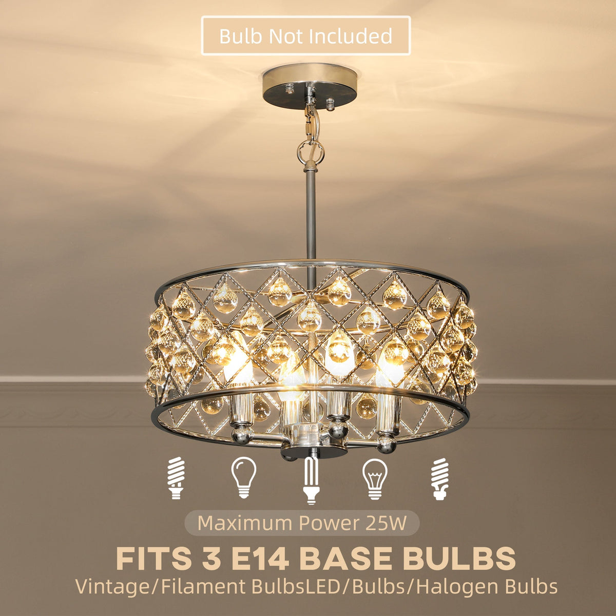 The ceiling light with text indicating bulb type and wattage