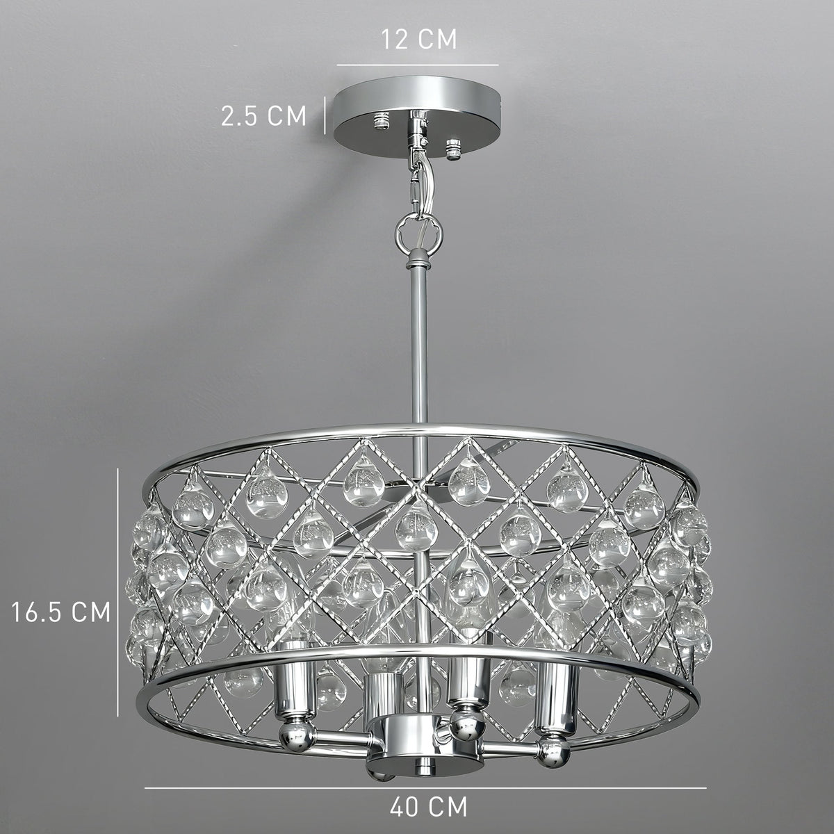 A four-bulb chandelier with dimensions indicated for height and diameter