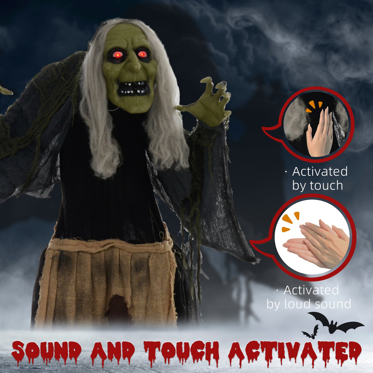 The hunchback witch Halloween animatronic with text about touch and sound activation