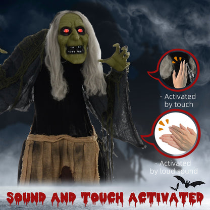 The hunchback witch Halloween animatronic with text about touch and sound activation