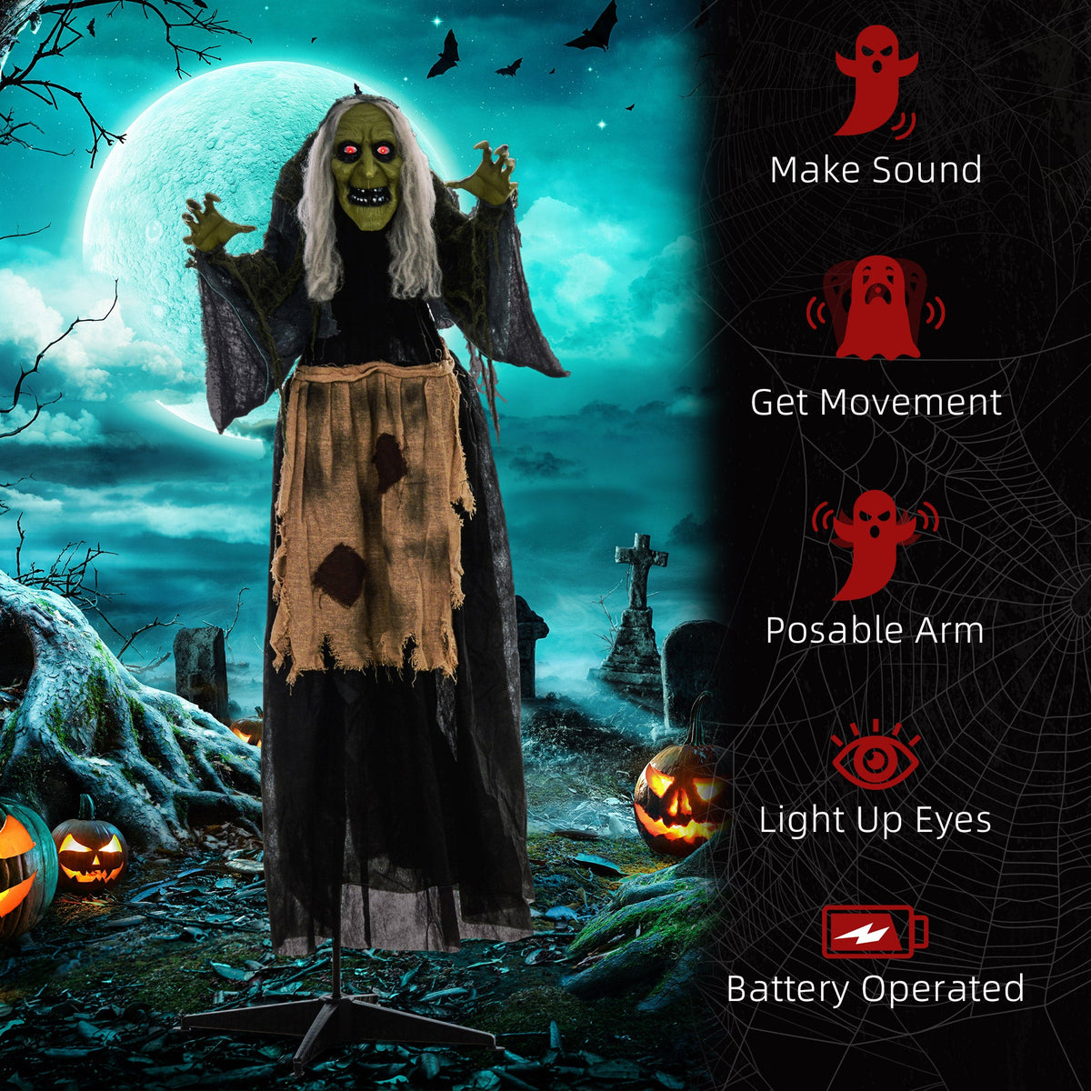 The hunchback witch Halloween animatronic in a graveyard with text about its features
