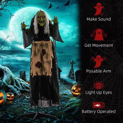 The hunchback witch Halloween animatronic in a graveyard with text about its features