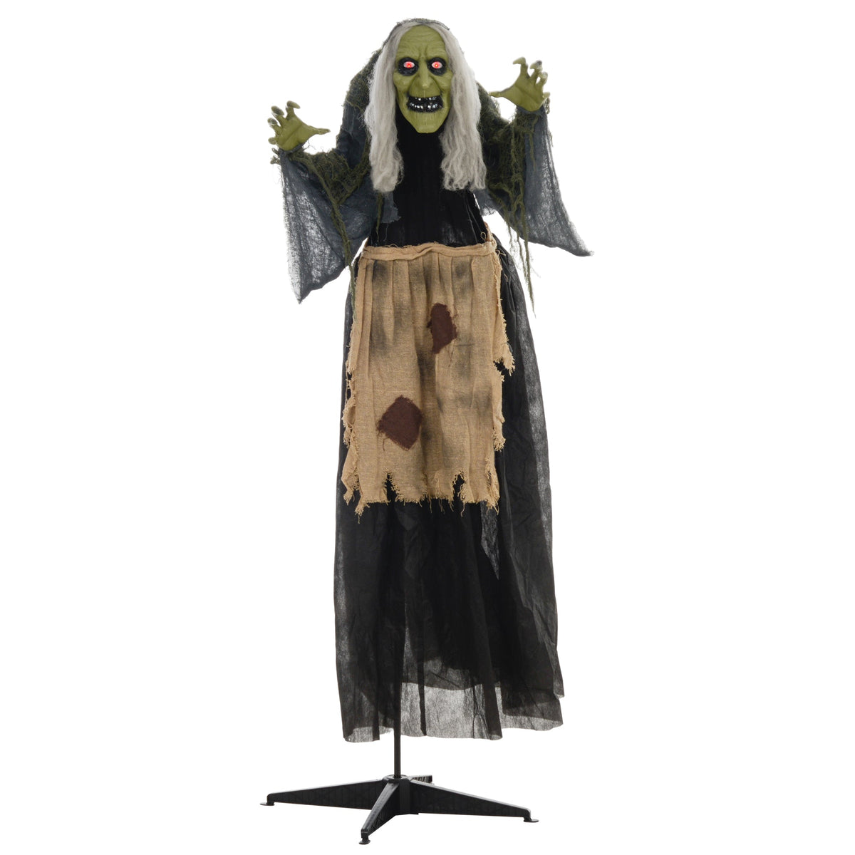 HOMCOM 5'2" Hunchback Witch Halloween Animatronic standing on a black metal stand