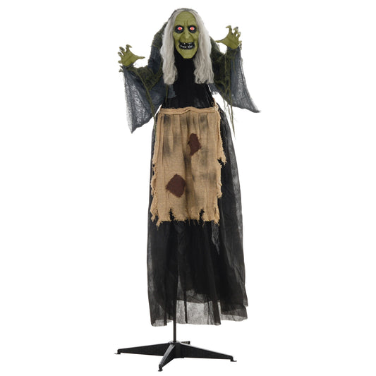HOMCOM 5'2" Hunchback Witch Halloween Animatronic standing on a black metal stand