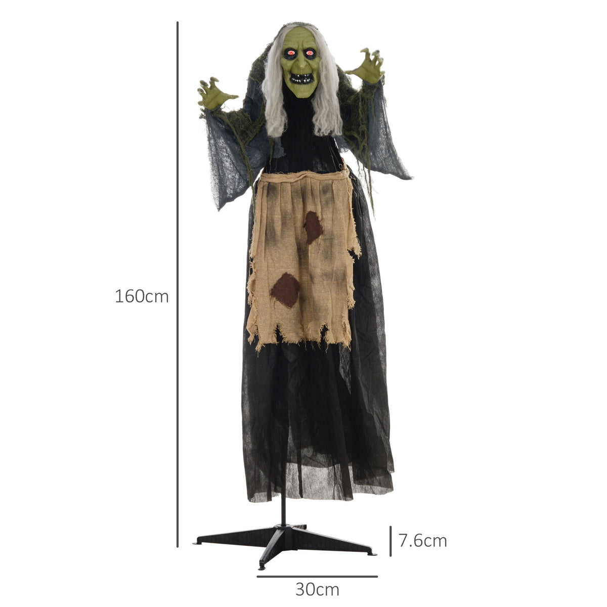 Size diagram of the hunchback witch Halloween animatronic showing height and width