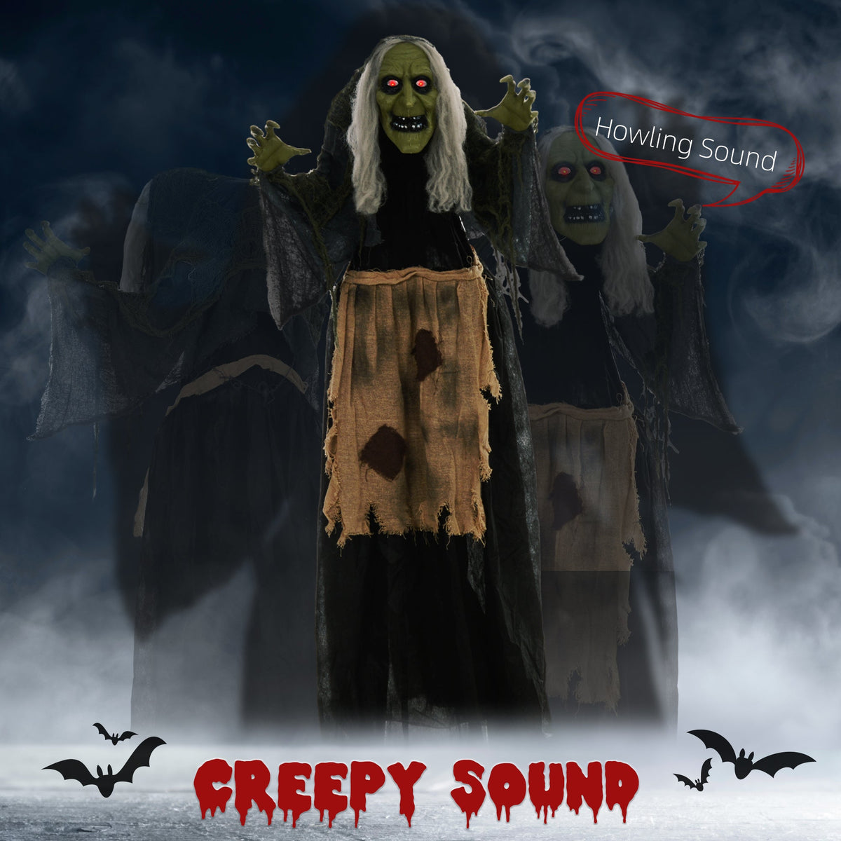 The hunchback witch Halloween animatronic with text about howling sound