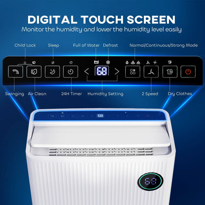 Close-up of the digital touch screen control panel on the dehumidifier, showing various modes and settings