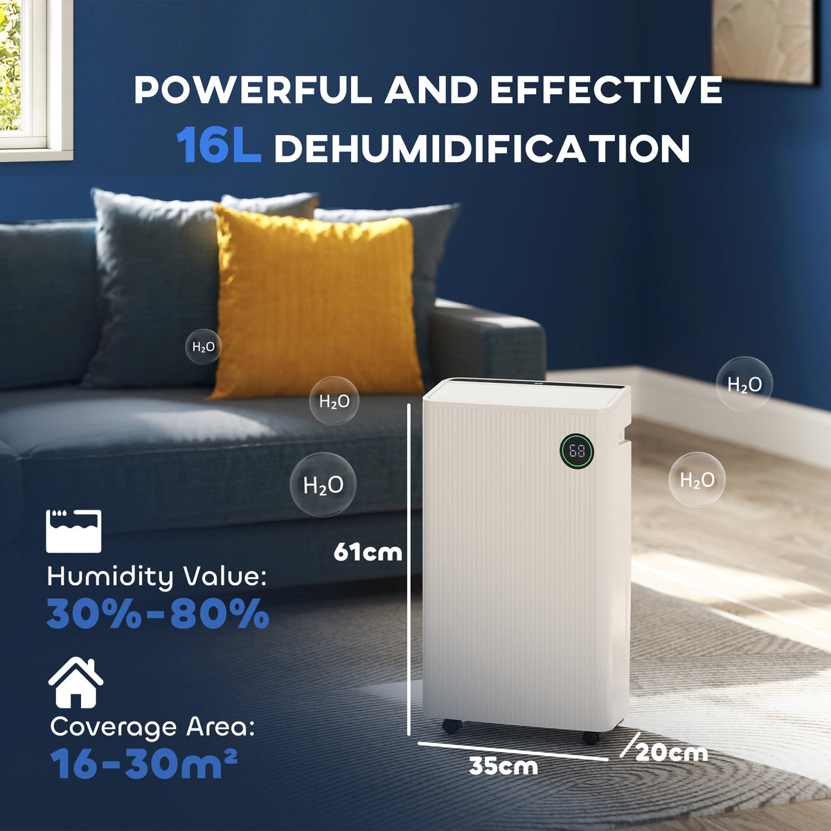 A diagram showing the dimensions of the dehumidifier and its coverage area in a room