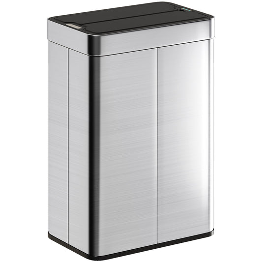 HOMCOM 55L Sensor Bin in silver tone with a black rectangular lid and a sleek metallic body