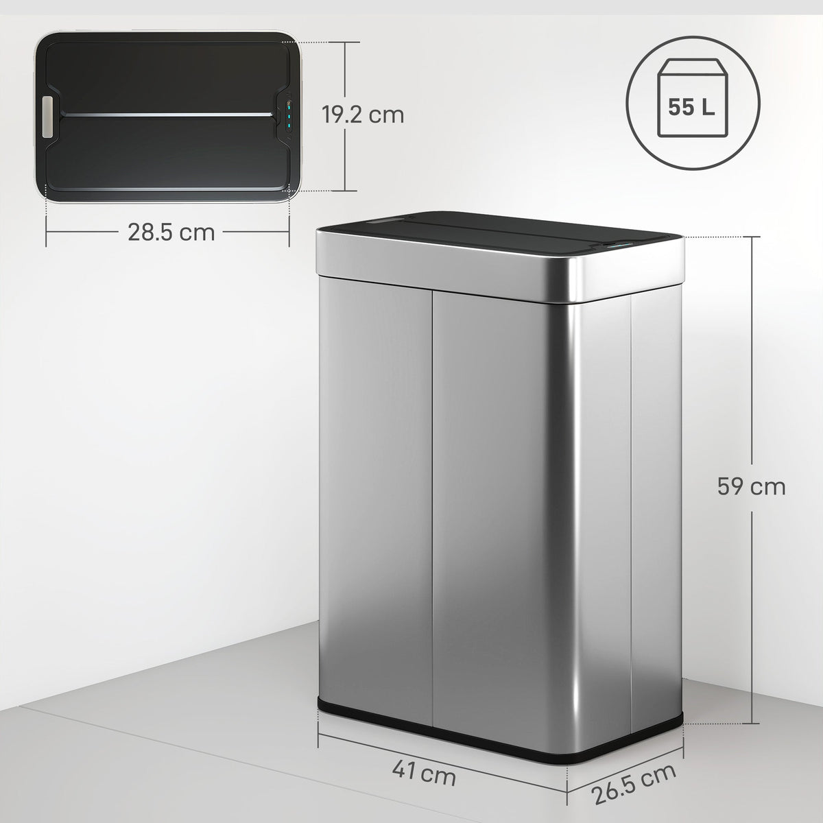 The automatic rubbish bin showing height width and depth dimensions with a top view diagram