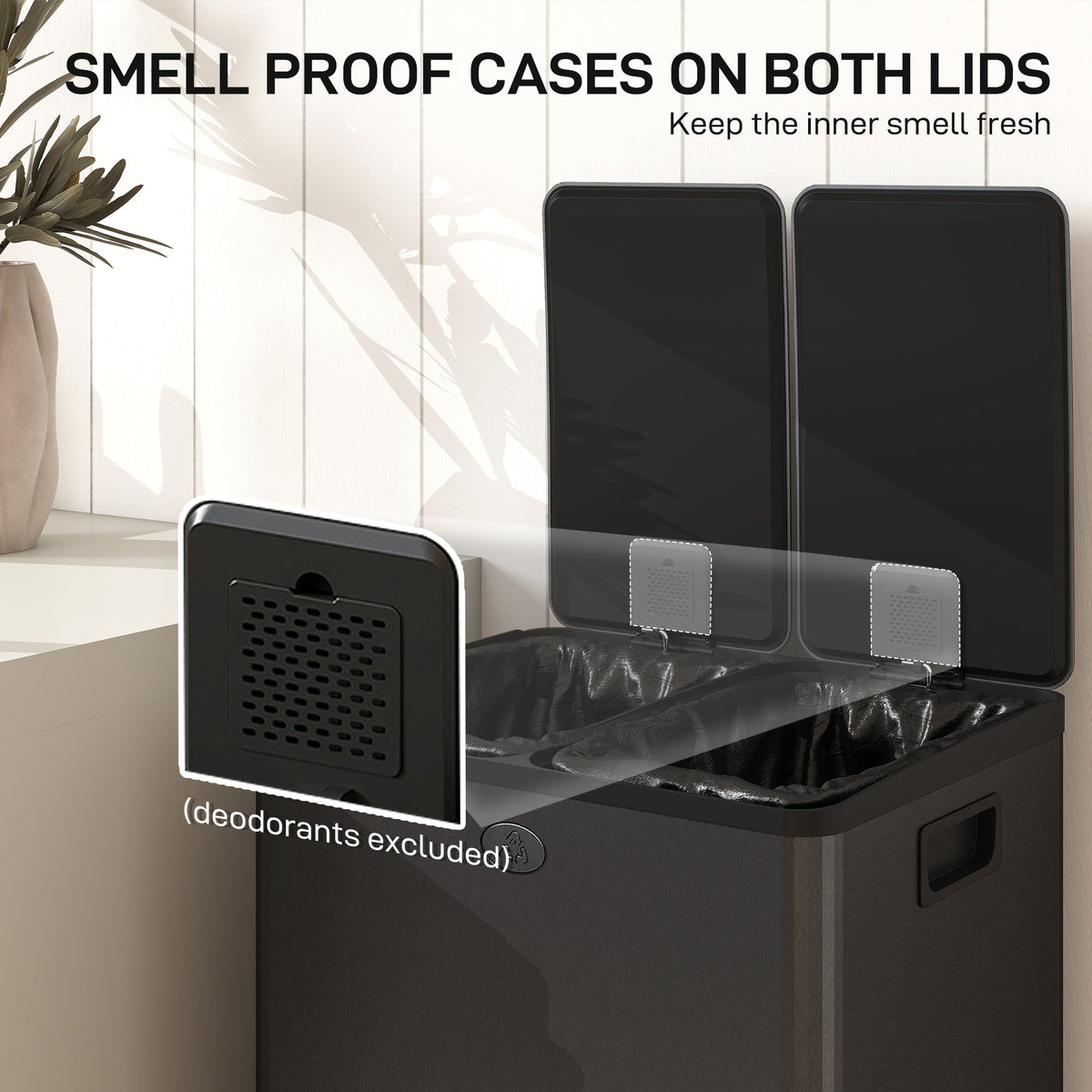Close up of the black dual compartment bin lids showing deodoriser holders