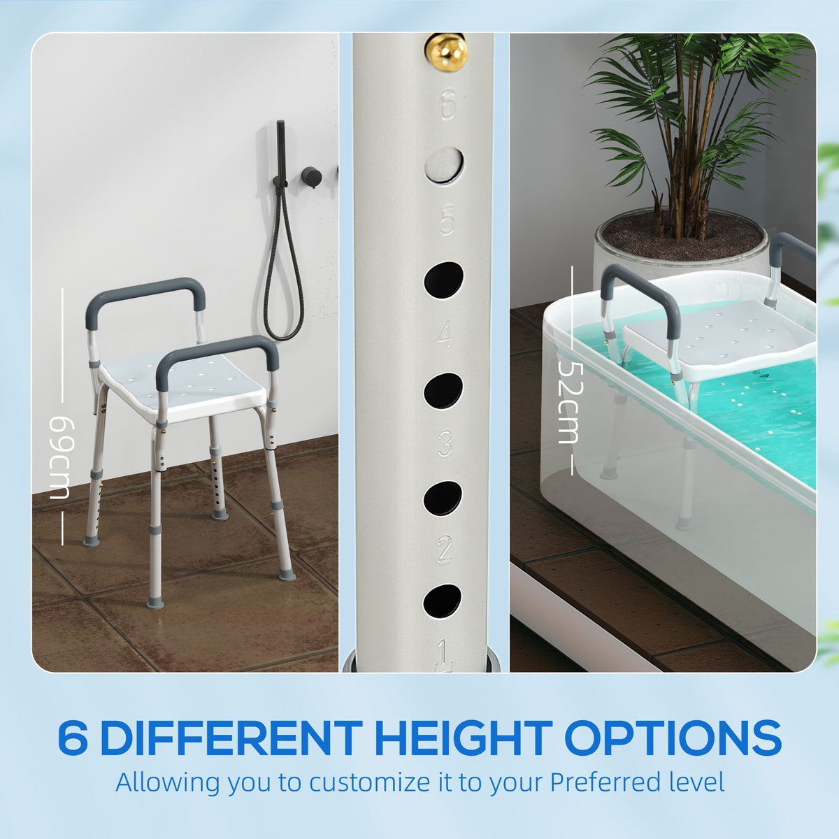 Close up of the height adjustment holes on the leg of the bath seat
