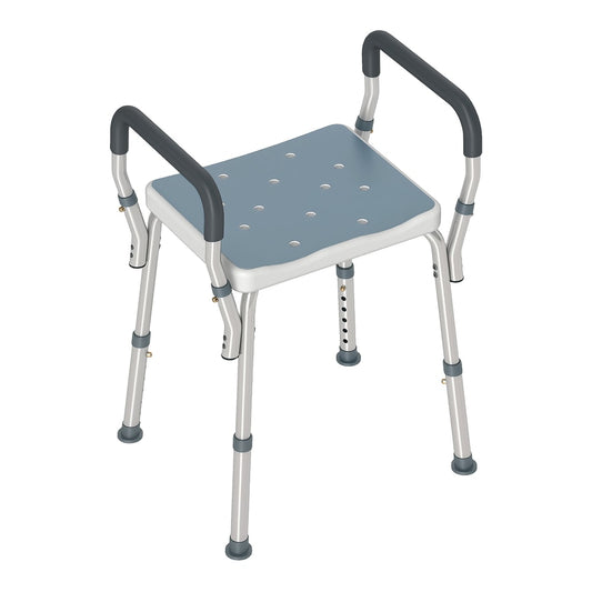 HOMCOM 57-69cm Aluminium Frame Bath Seat with a light blue perforated seat and dark grey armrests