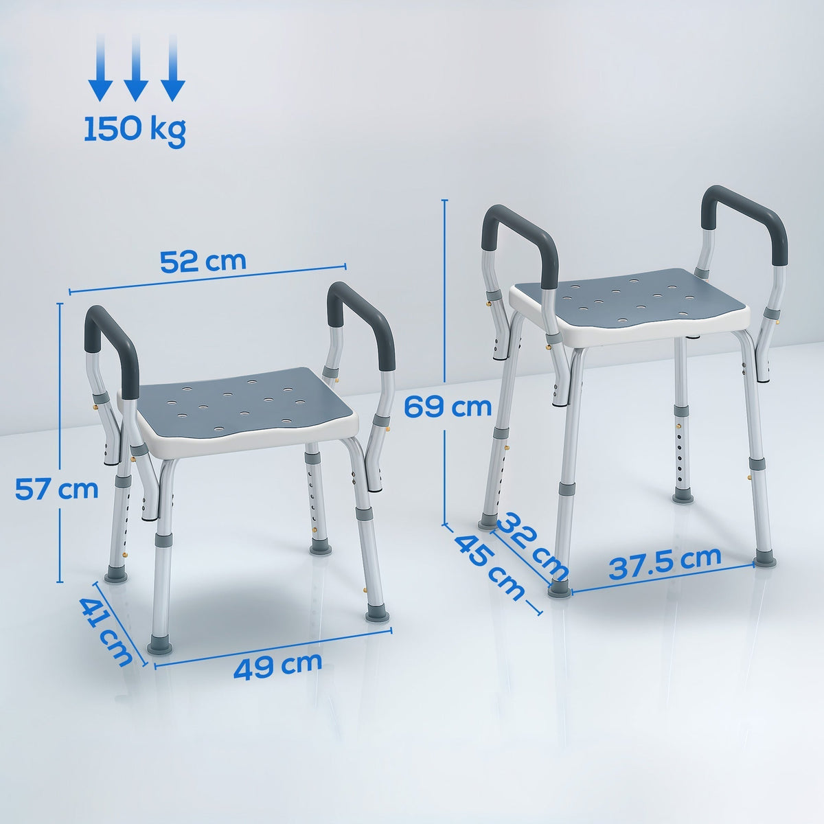 The bath seat shown in two different height configurations with blue dimension lines and arrows