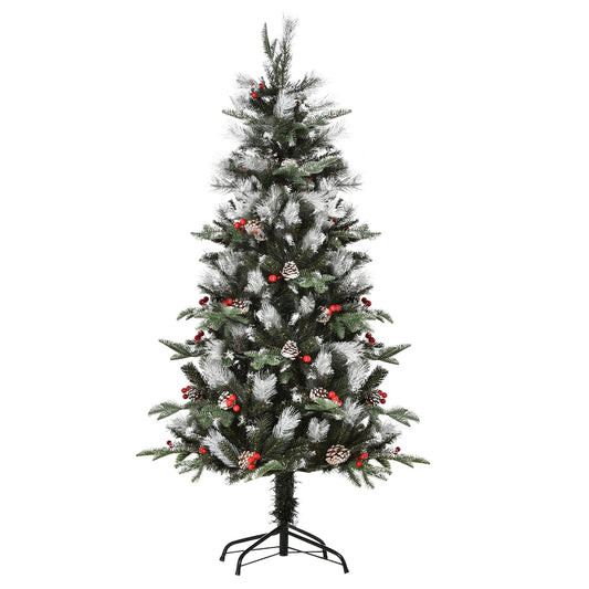 HOMCOM 5FT Artificial Snow Dipped Christmas Tree with red berries and white pinecones on a black stand