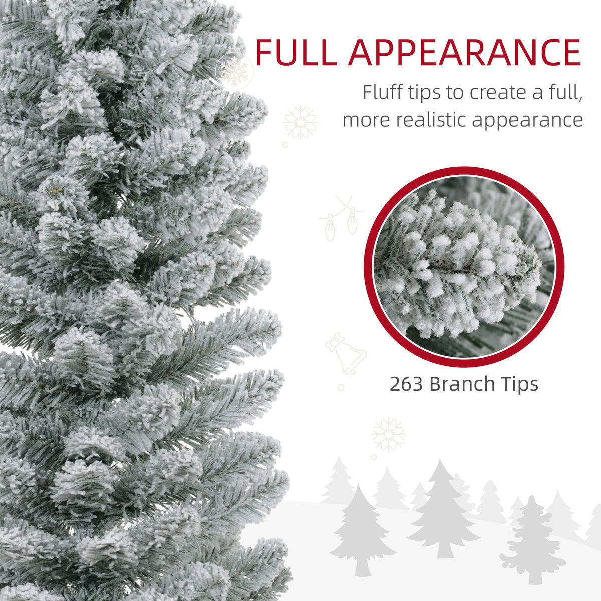 Close-up of the snowy pencil Christmas tree branches with text about its appearance