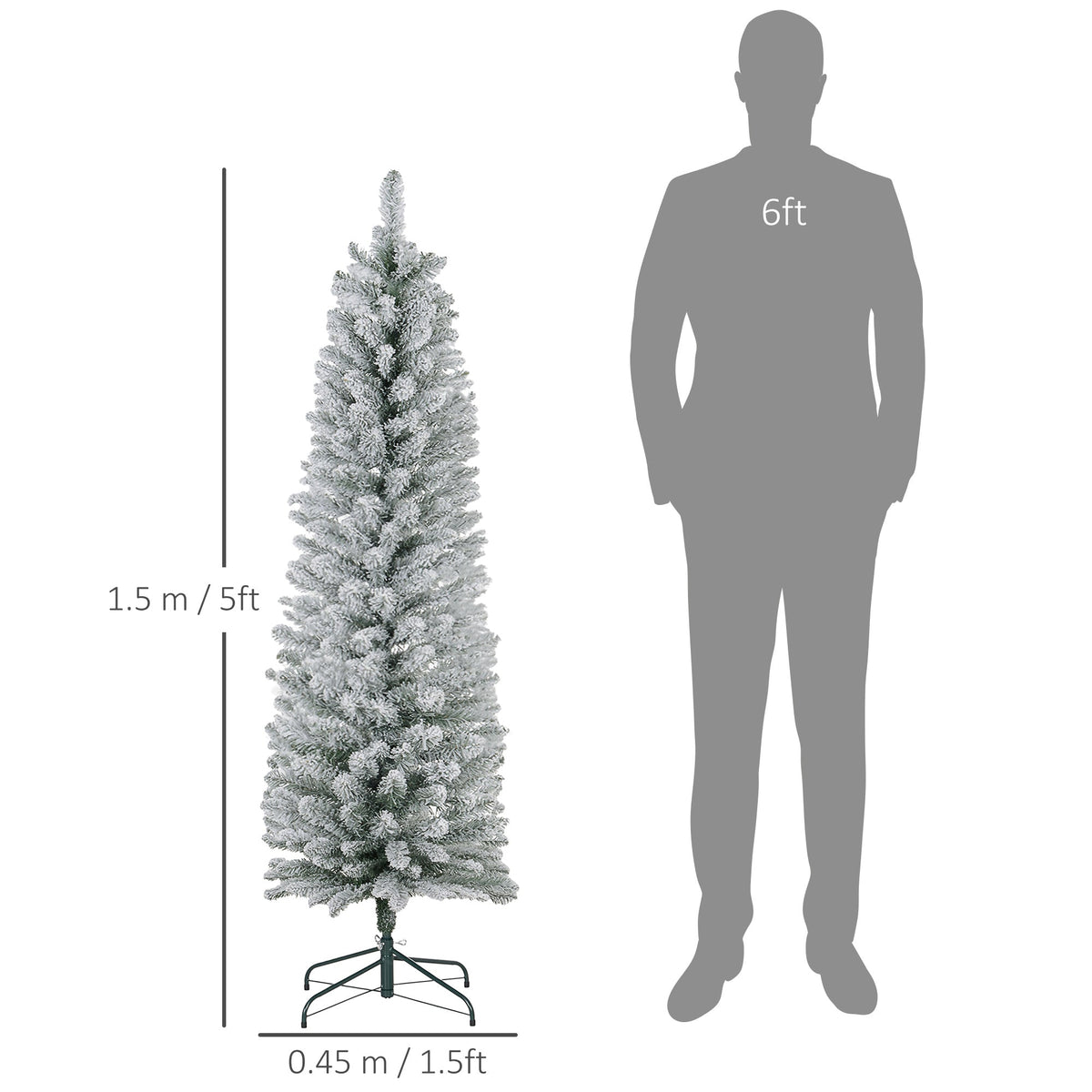 Size diagram showing the 5ft snowy pencil Christmas tree next to a person