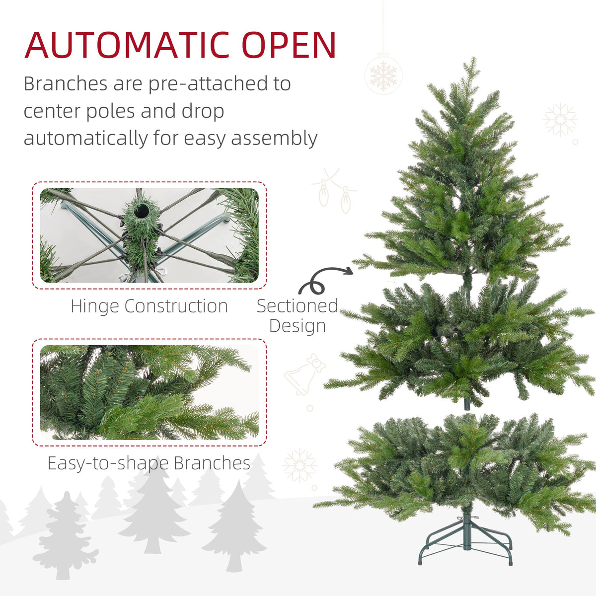 Diagram showing the hinge construction and sectioned design of the artificial Christmas tree