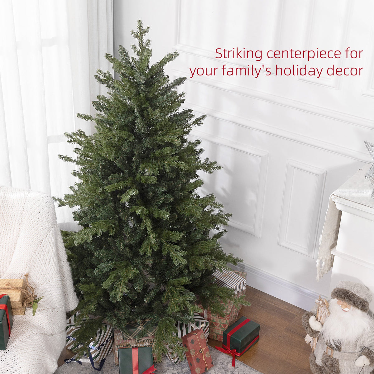The artificial Christmas tree in a room, ready for holiday decor