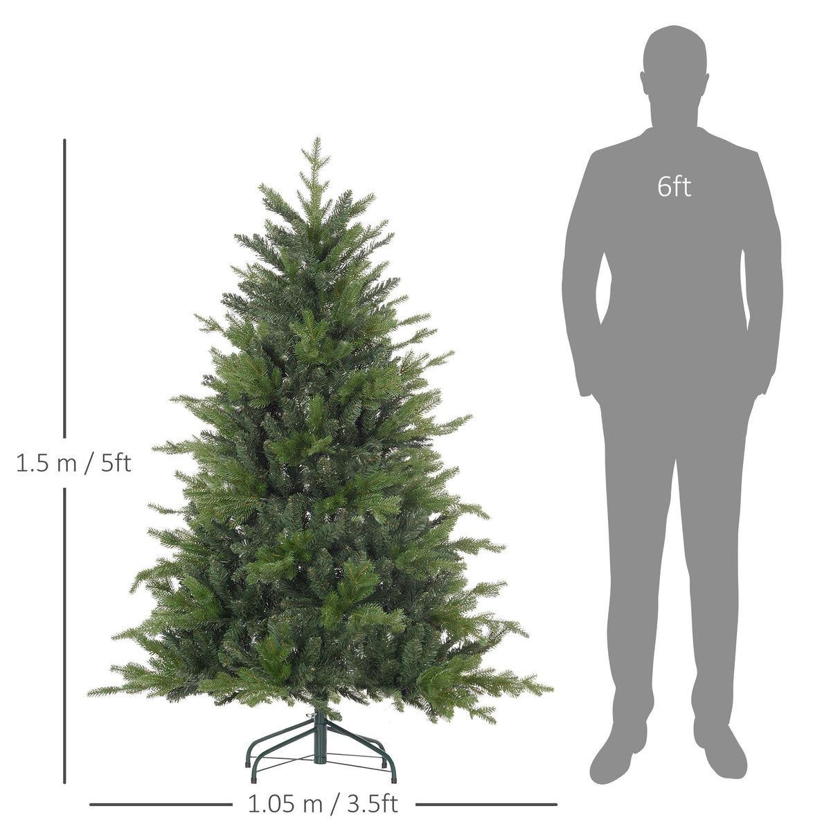 Size diagram of the artificial Christmas tree with a person for scale
