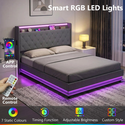 The king bed frame with purple LED lights illuminated and a hand holding the remote control