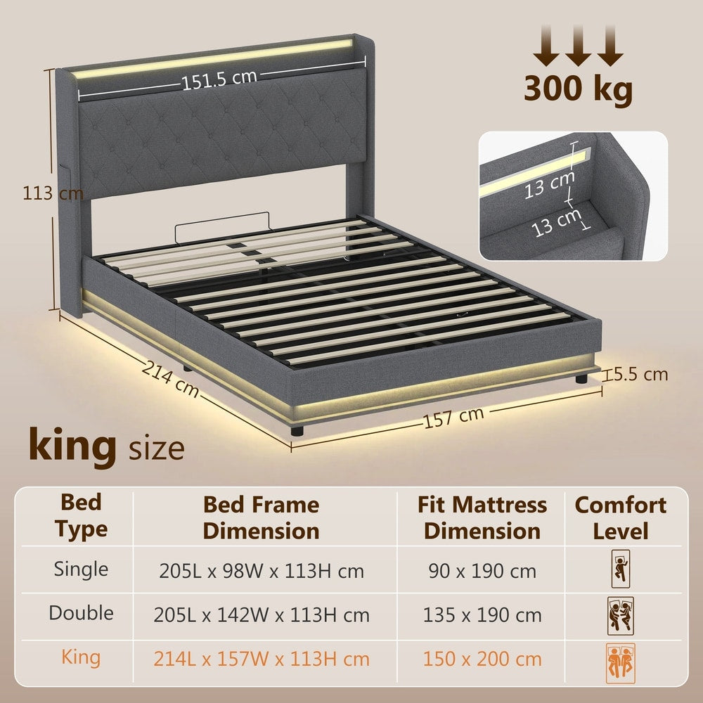 The king bed frame with annotated dimensions and weight capacity shown on a plain background