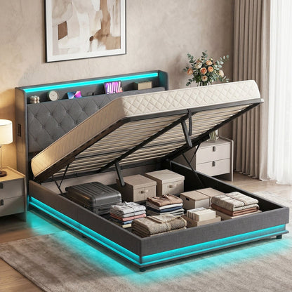 The king bed frame with the mattress lifted to reveal the internal storage filled with items