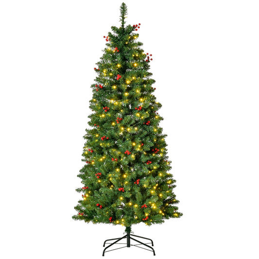 HOMCOM 5FT Prelit Artificial Pencil Christmas Tree with warm white LED lights and red berries
