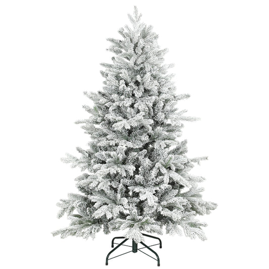 HOMCOM 5ft Snow Flocked Artificial Christmas Tree standing on a metal base, with white snow-like flocking on its branches