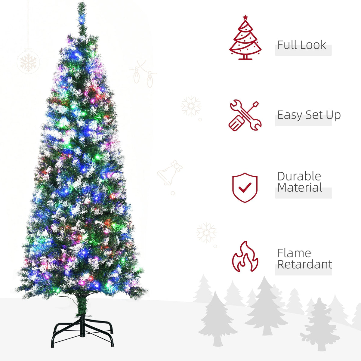 The artificial Christmas tree with icons highlighting its key features and benefits