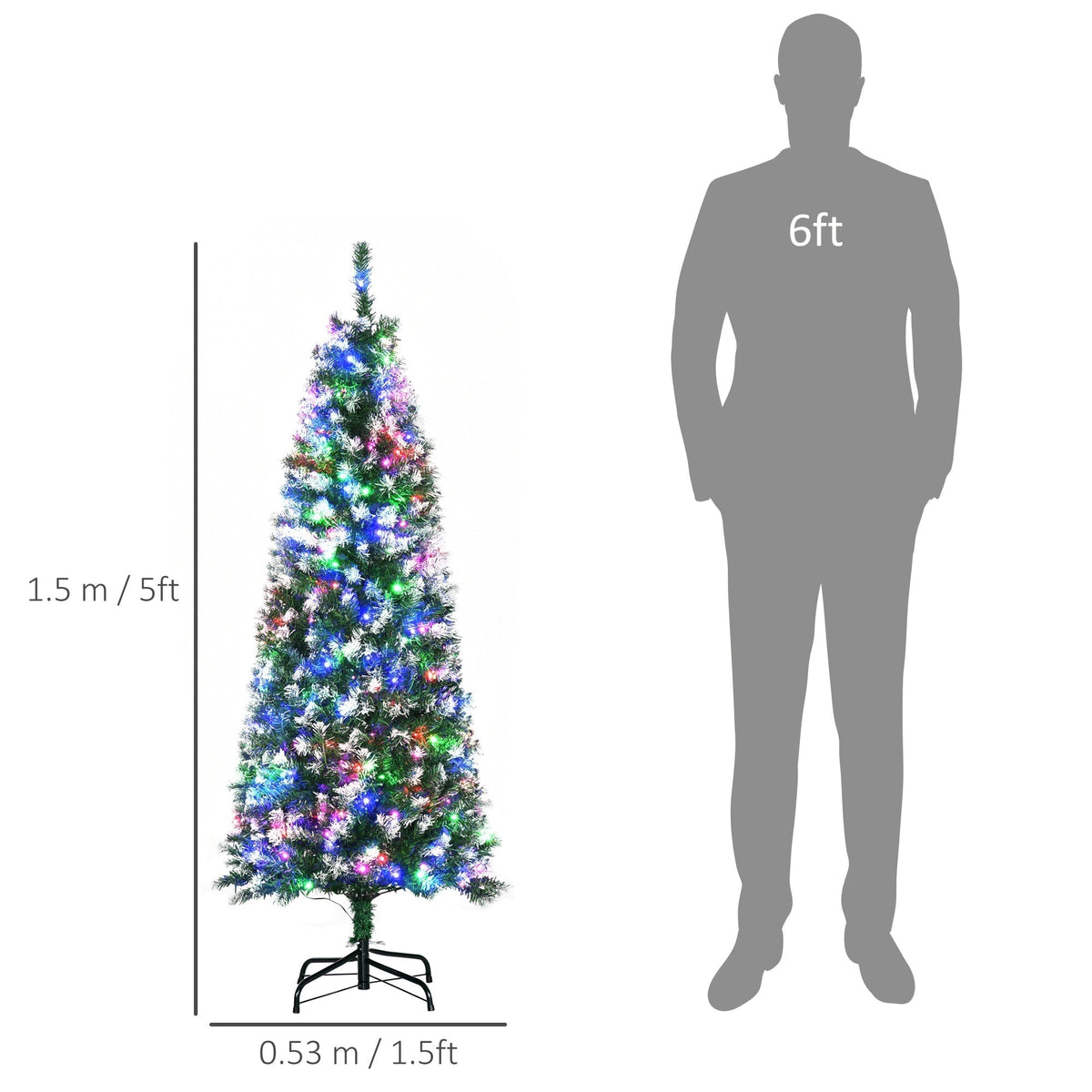 The artificial Christmas tree shown next to a human silhouette for scale comparison