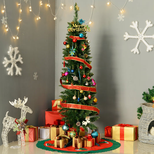 The decorated pencil Christmas tree in a room with gifts and ornaments